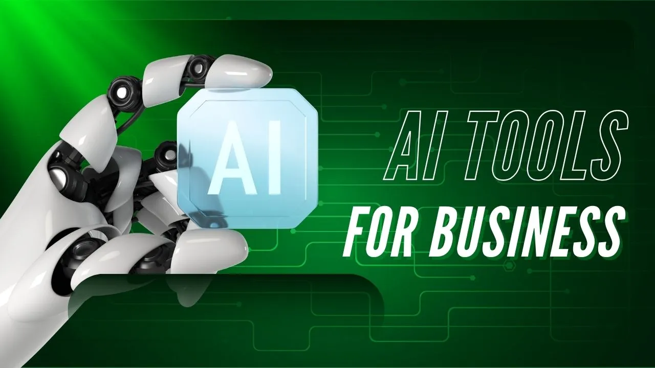 AI-powered business concept image with “AI Tools for Business” text overlay, including search engine graphics, ranking charts, and automation symbols representing modern SEO strategy.