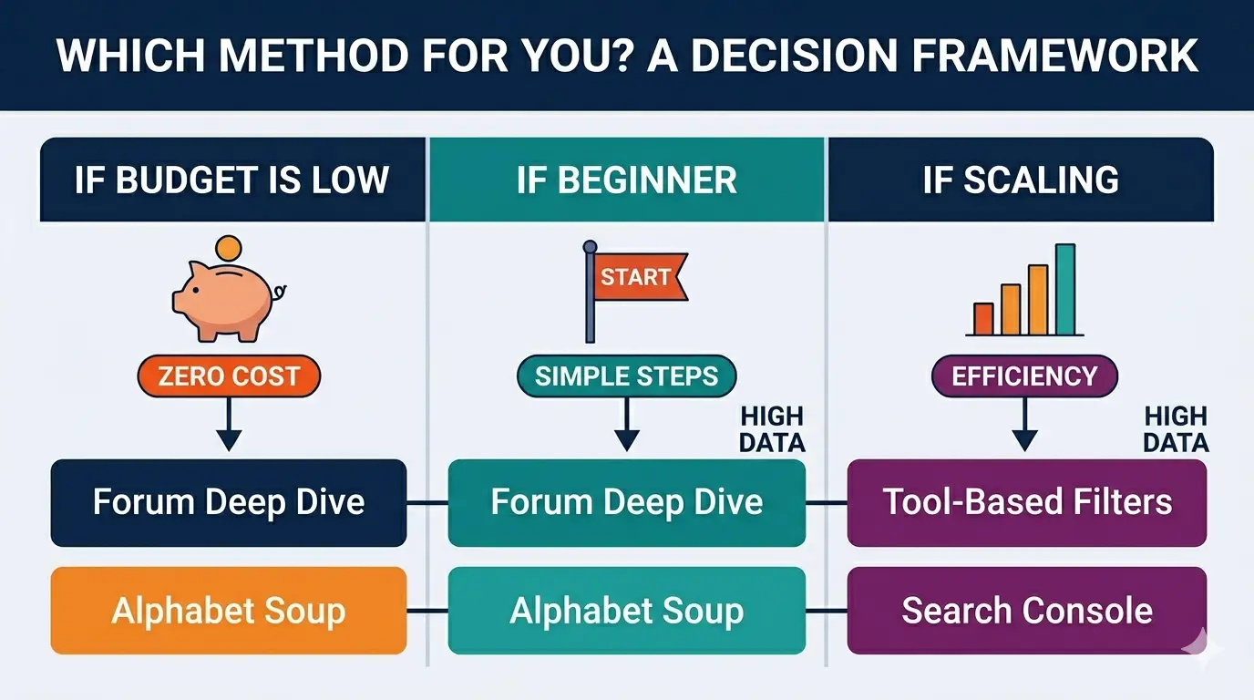 Infographic summary illustrating four strategic keyword methods: Forum Deep Dive (Reddit/Quora icons), Weak Target Filter (Domain Rating comparison), Google Search Console dashboard, and AnswerThePublic search visualization.
