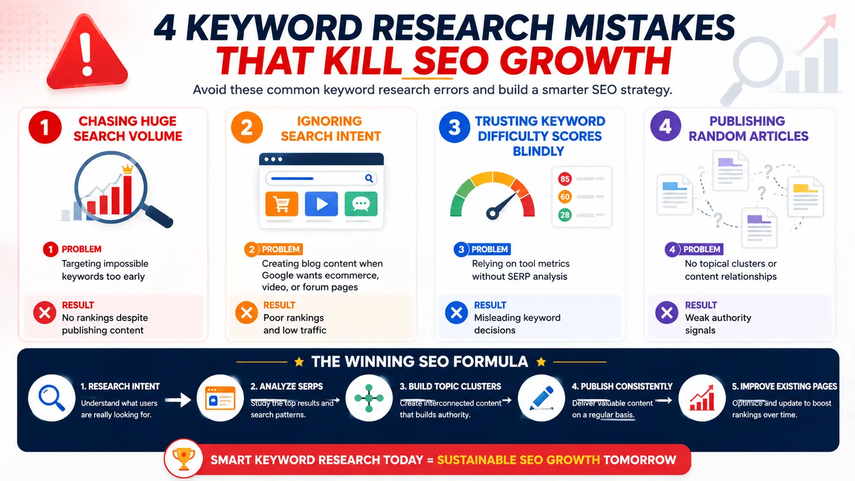 "Keyword research mistakes infographic showing four common SEO errors and a proven SEO growth formula."