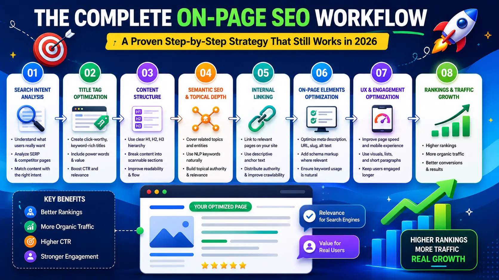 On-page SEO workflow infographic showing search intent, content optimization, internal linking, and ranking growth strategy.