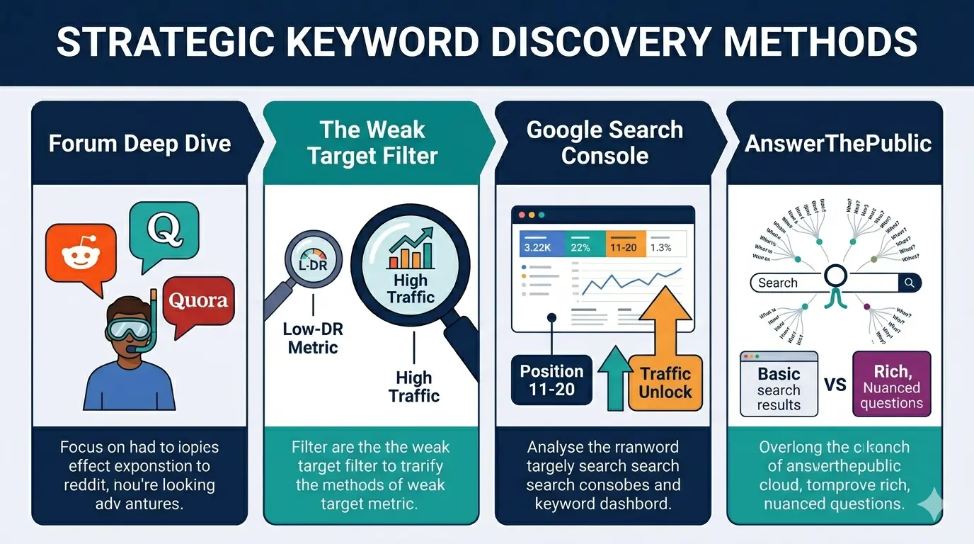 Infographic titled 'WHY MOST PEOPLE STRUGGLE WITH KWD RESEARCH' showing two frustrated bloggers looking at weak traffic charts, ignoring a hidden map labeled 'HIDDEN HUMAN INTENT GAPS' and 'AI TRAPS'.