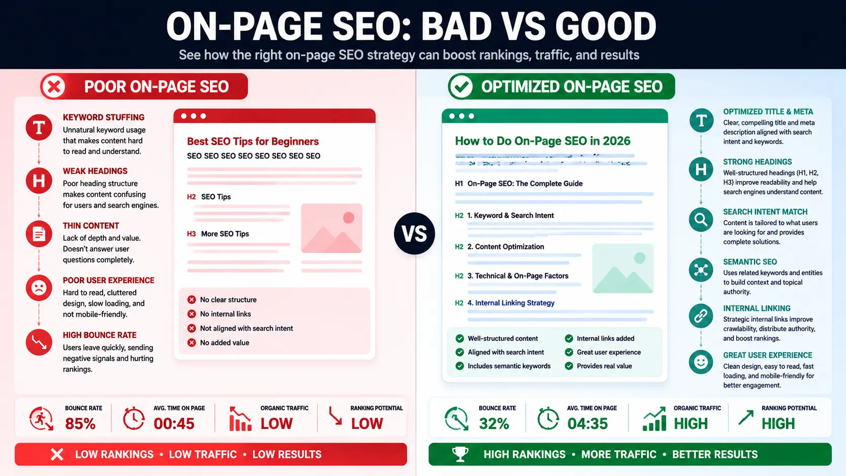 Comparison infographic showing weak on-page SEO versus optimized SEO strategy with ranking and traffic impact.
