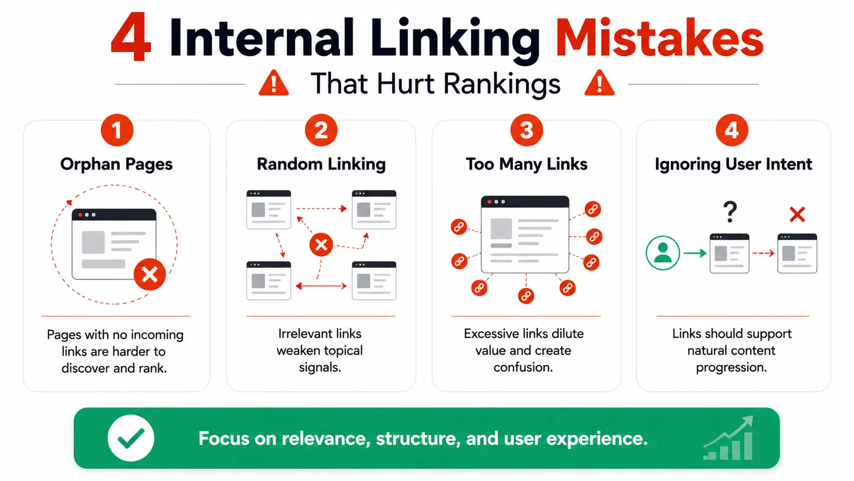 Infographic highlighting four common internal linking mistakes: orphan pages, random linking, excessive links, and ignoring user intent, along with best-practice recommendations.