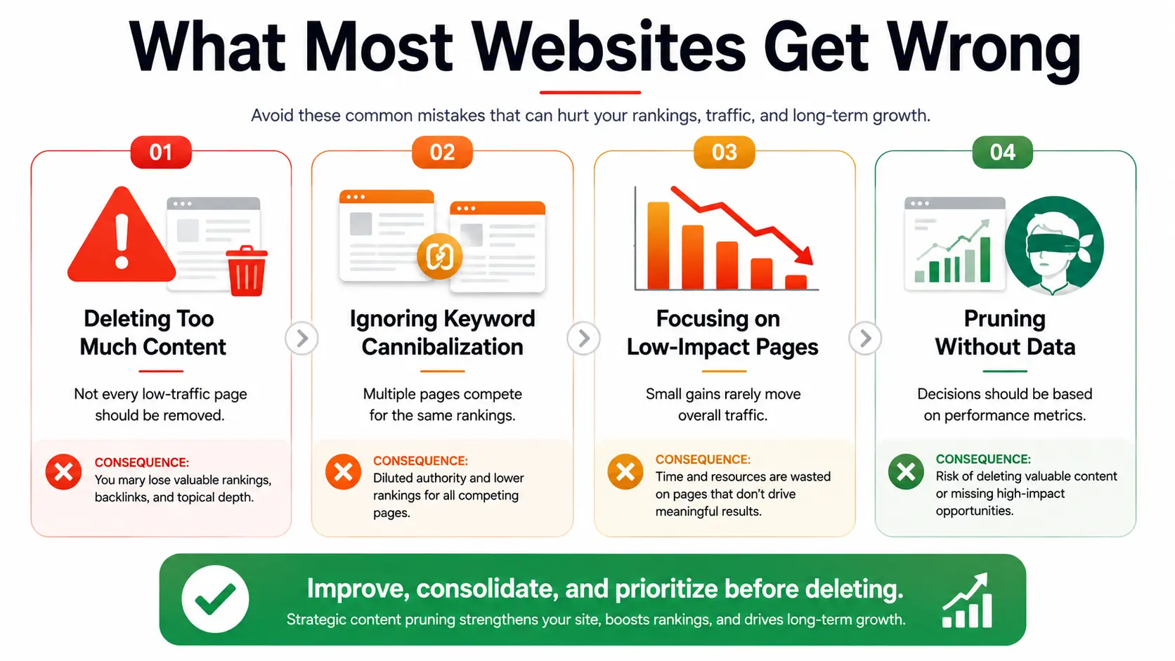 Common SEO content pruning mistakes including excessive deletion, keyword cannibalization, poor prioritization, and data-free decisions.