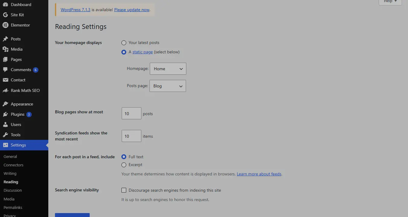 WordPress Reading Settings showing a static homepage and a separate Blog posts page.