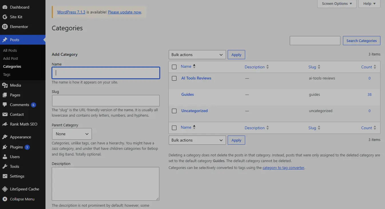 WordPress Posts Categories dashboard showing how to organize blog articles into categories.