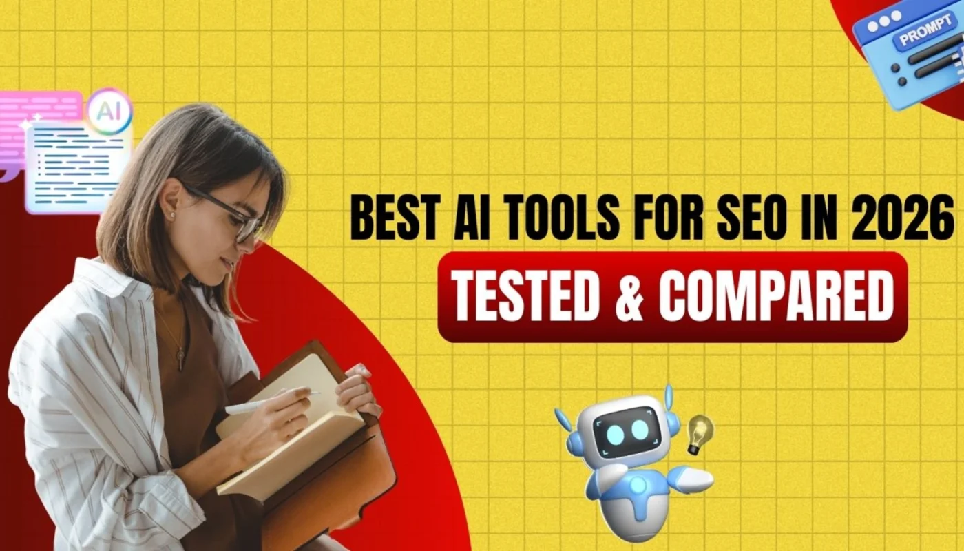 Best AI tools for SEO dashboard with keyword research charts, AI automation graphic, and content optimization interface.