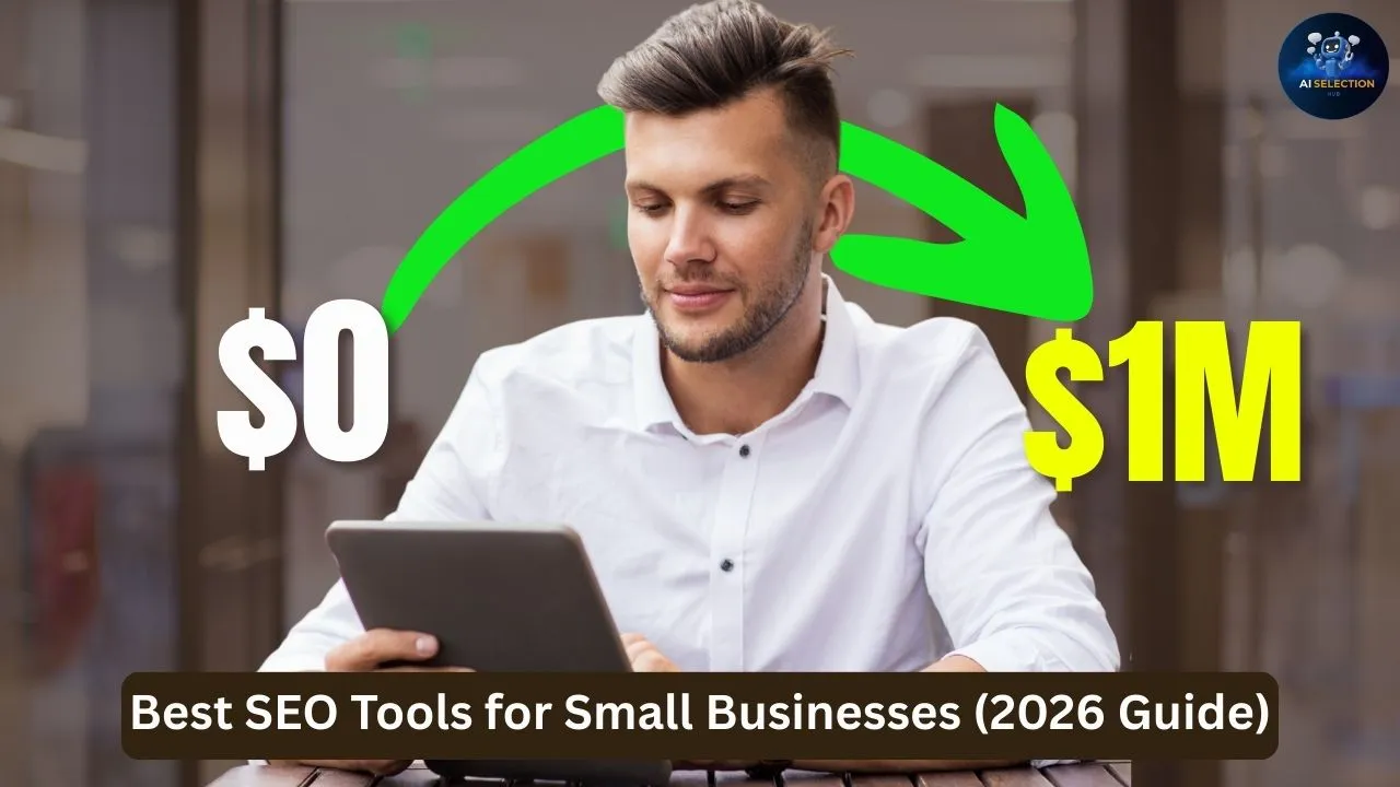 Modern SEO tools comparison graphic featuring ranking data, content optimization metrics, and small business marketing interface.