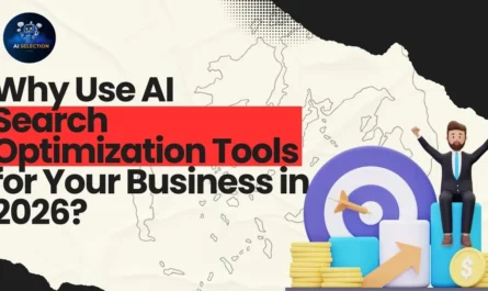 AI search optimization tools concept graphic showing business analytics dashboard, search engine icons, and AI automation elements for modern SEO strategy.
