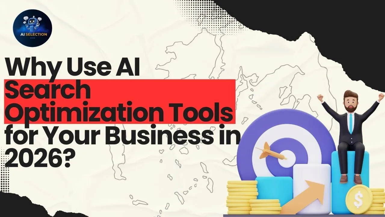 AI search optimization tools concept graphic showing business analytics dashboard, search engine icons, and AI automation elements for modern SEO strategy.