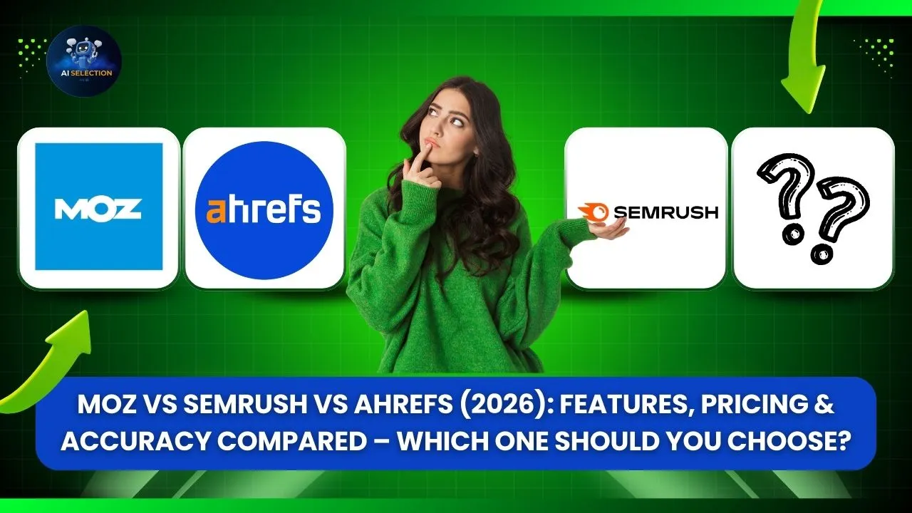 Featured comparison image showing Moz, Semrush, and Ahrefs side-by-side with a bold “VS” symbol in the center. The graphic highlights features, pricing, backlink analysis, keyword research, and accuracy comparison in a modern 2026 SEO dashboard style design.