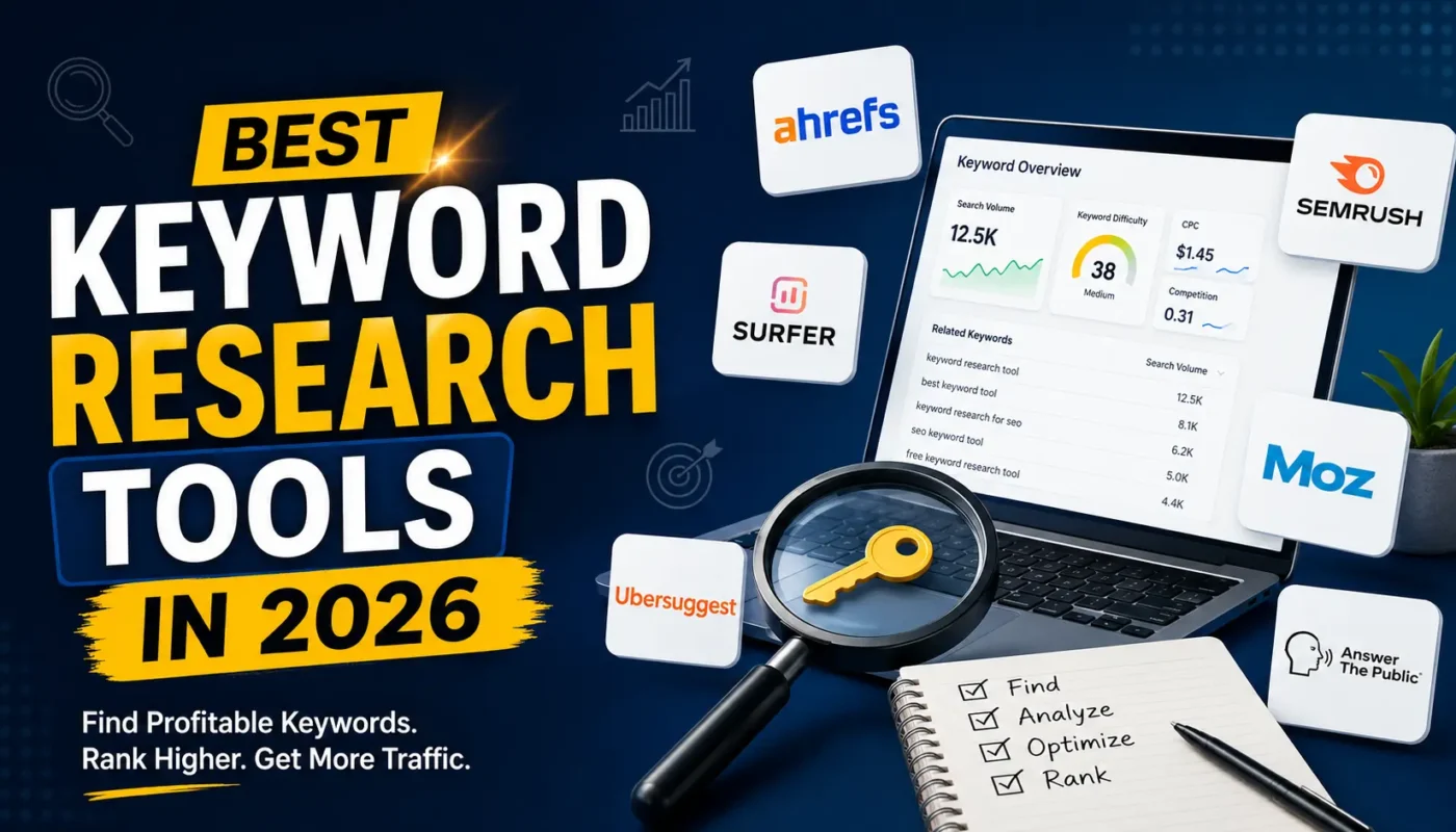 "Best Keyword Research Tools in 2026 featuring Ahrefs, Semrush, LowFruits, Surfer SEO, Google Search Console, and free keyword research tools for SEO growth."