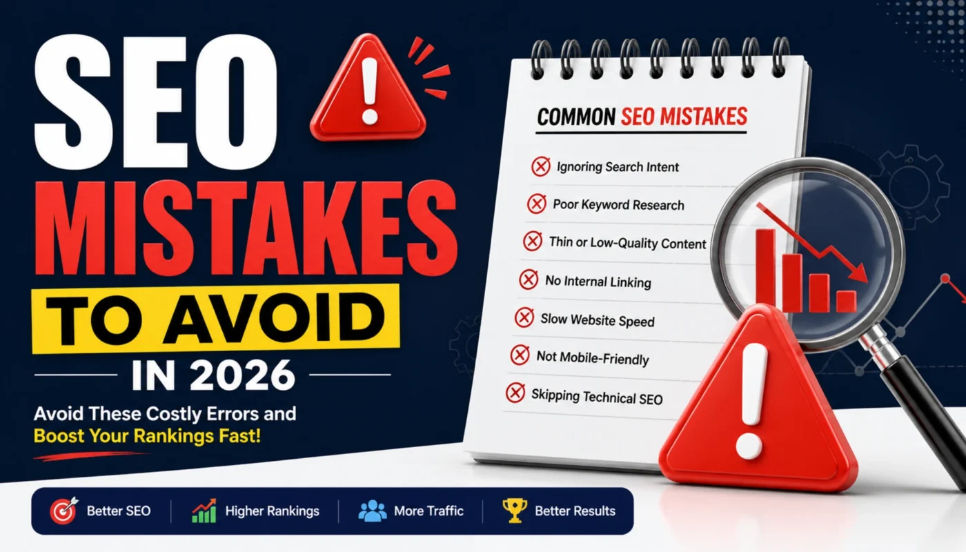 SEO mistakes to avoid infographic showing common errors like poor backlinks, keyword stuffing, and slow website affecting rankings