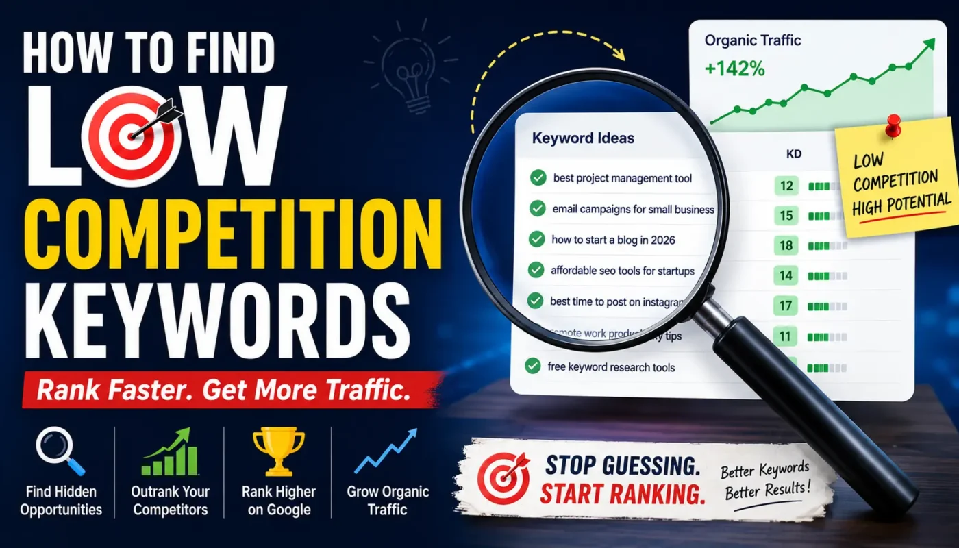 Low competition keyword research featured image showing SEO keyword analysis dashboard, magnifying glass over keyword ideas, organic traffic growth chart, keyword difficulty scores, and modern digital marketing visuals for finding easy-to-rank SEO opportunities in 2026.