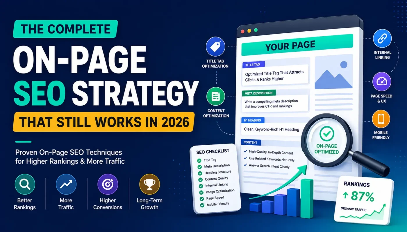 Modern infographic showing on-page SEO strategy workflow including search intent analysis, content optimization, semantic SEO, internal linking, and organic traffic growth