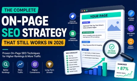 Modern infographic showing on-page SEO strategy workflow including search intent analysis, content optimization, semantic SEO, internal linking, and organic traffic growth