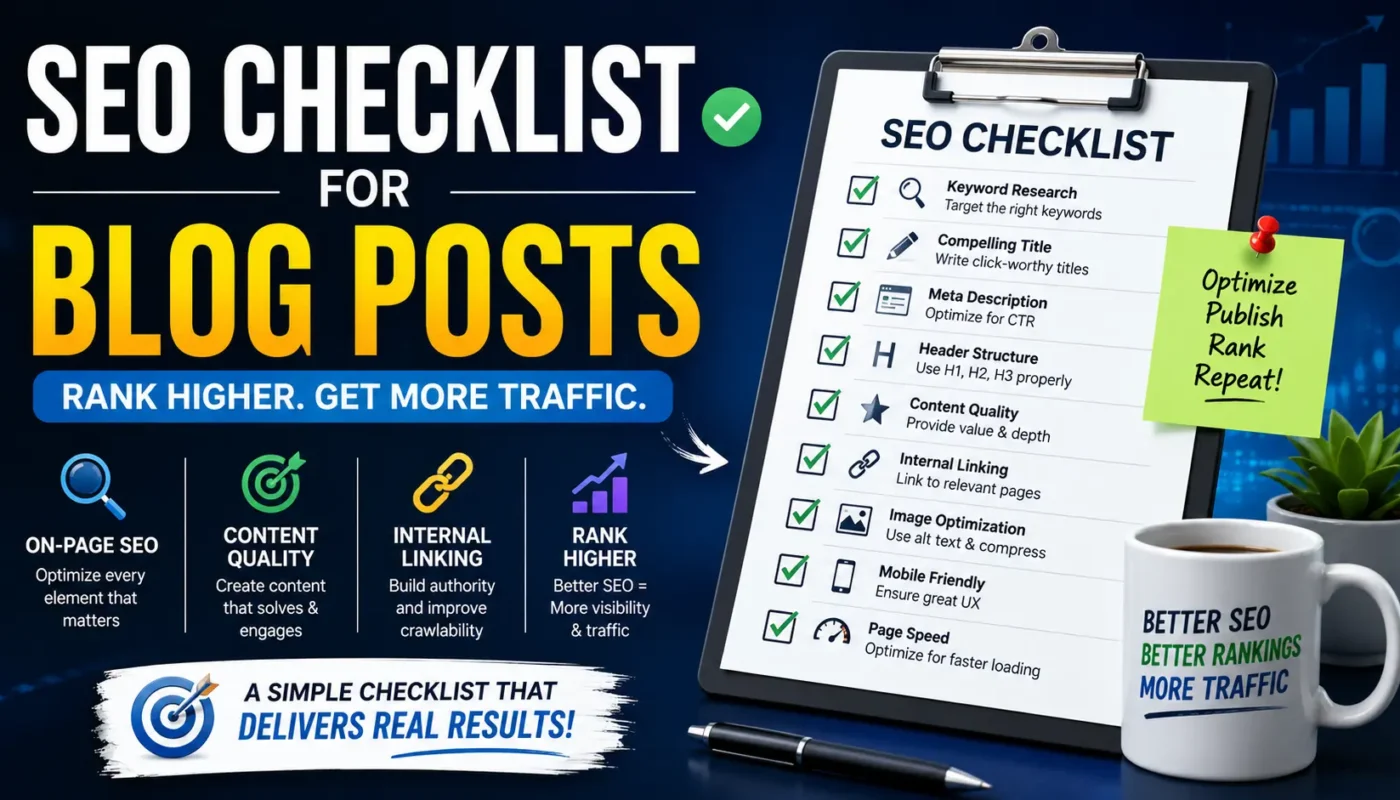 Complete SEO checklist for blog posts showing step-by-step optimization process for higher rankings and organic traffic