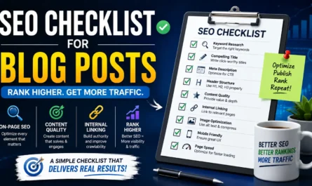 Complete SEO checklist for blog posts showing step-by-step optimization process for higher rankings and organic traffic