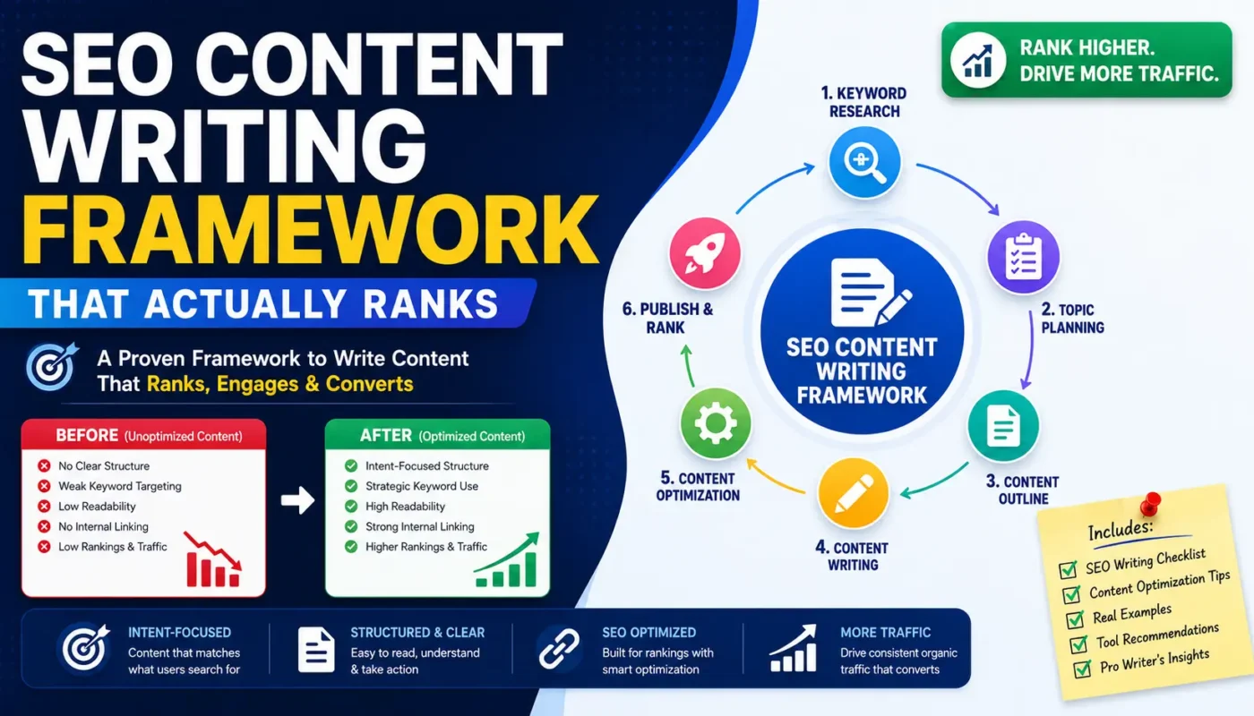SEO content writing framework infographic showing keyword research, content optimization, internal linking, and ranking growth