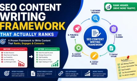 SEO content writing framework infographic showing keyword research, content optimization, internal linking, and ranking growth