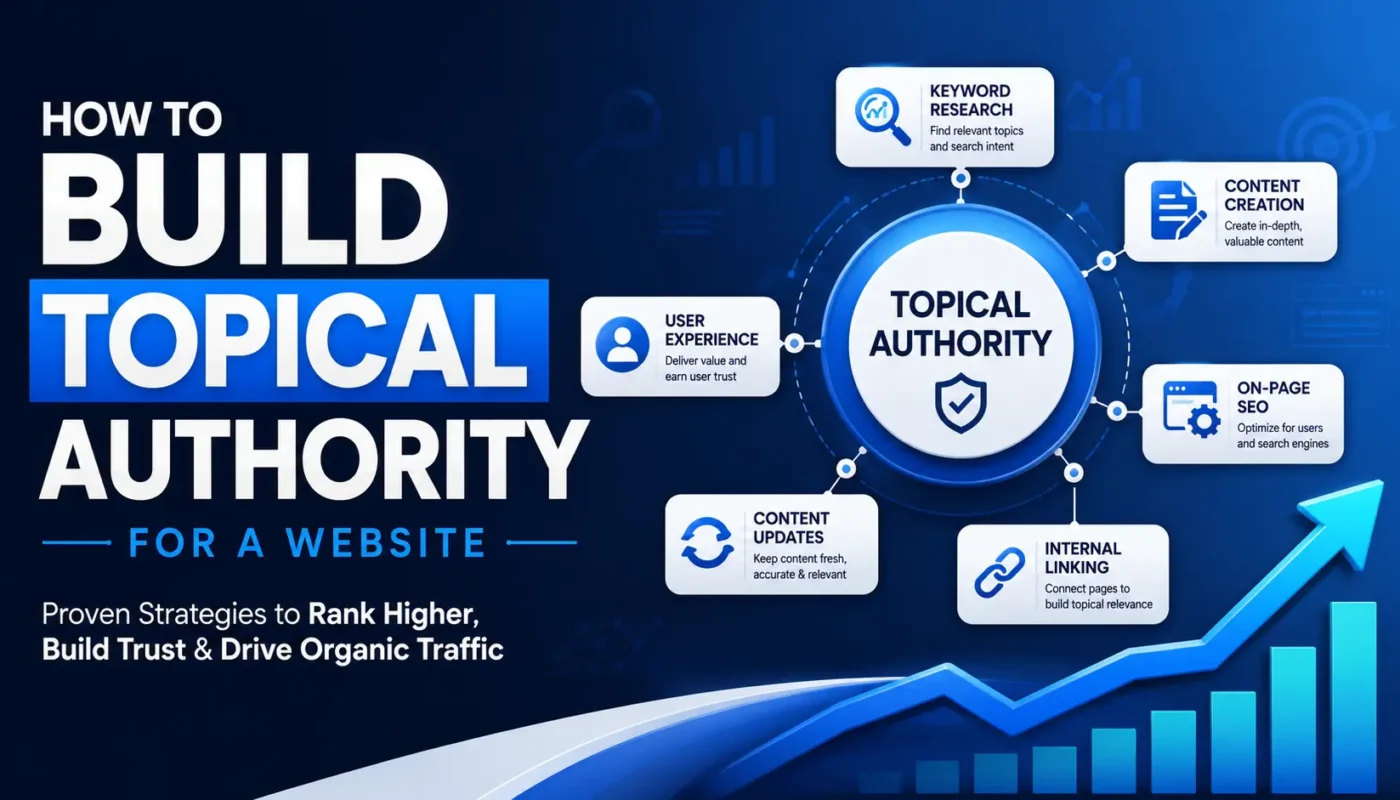 Infographic illustrating how to build topical authority for a website through keyword research, content creation, on-page SEO, internal linking, content updates, and user experience to improve search rankings and organic traffic.
