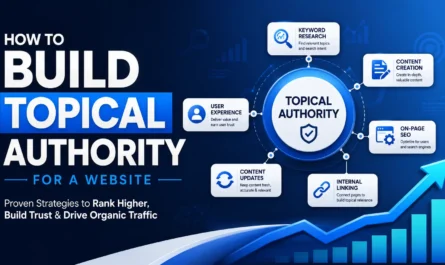 Infographic illustrating how to build topical authority for a website through keyword research, content creation, on-page SEO, internal linking, content updates, and user experience to improve search rankings and organic traffic.