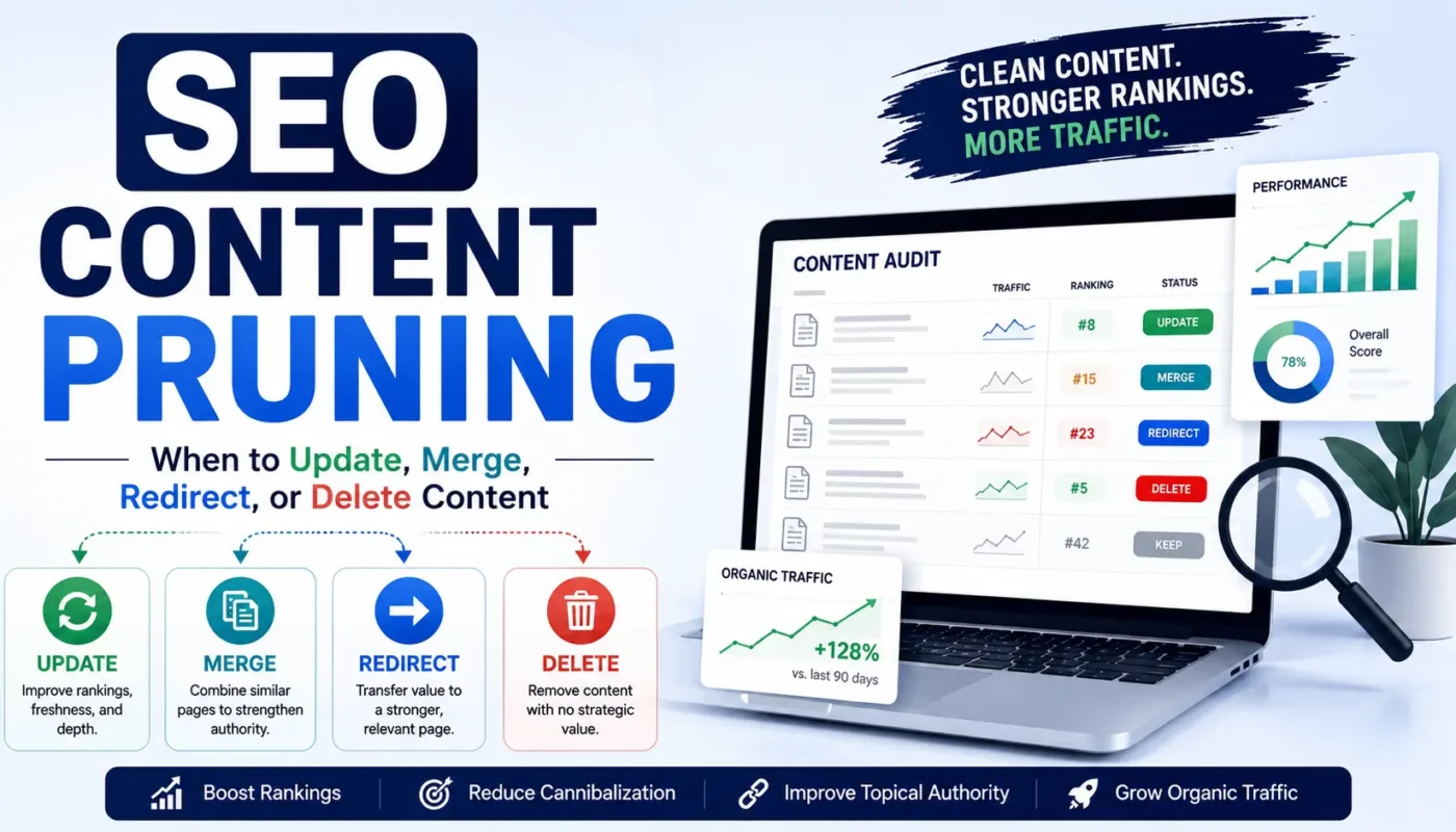 SEO content pruning workflow showing update, merge, redirect, and delete decisions with website pages, analytics dashboards, ranking growth charts, and content optimization elements for improving organic search performance