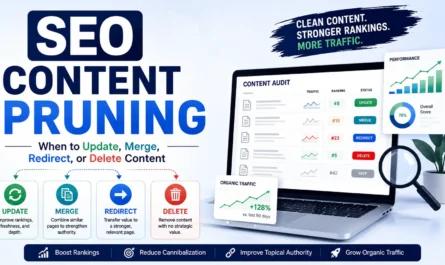 SEO content pruning workflow showing update, merge, redirect, and delete decisions with website pages, analytics dashboards, ranking growth charts, and content optimization elements for improving organic search performance