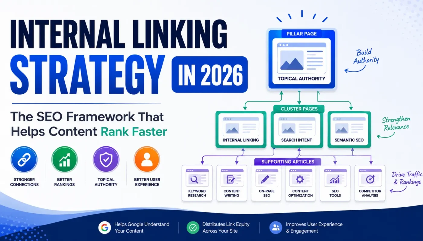 Internal linking framework for SEO with pillar pages, cluster content, and authority flow between related articles