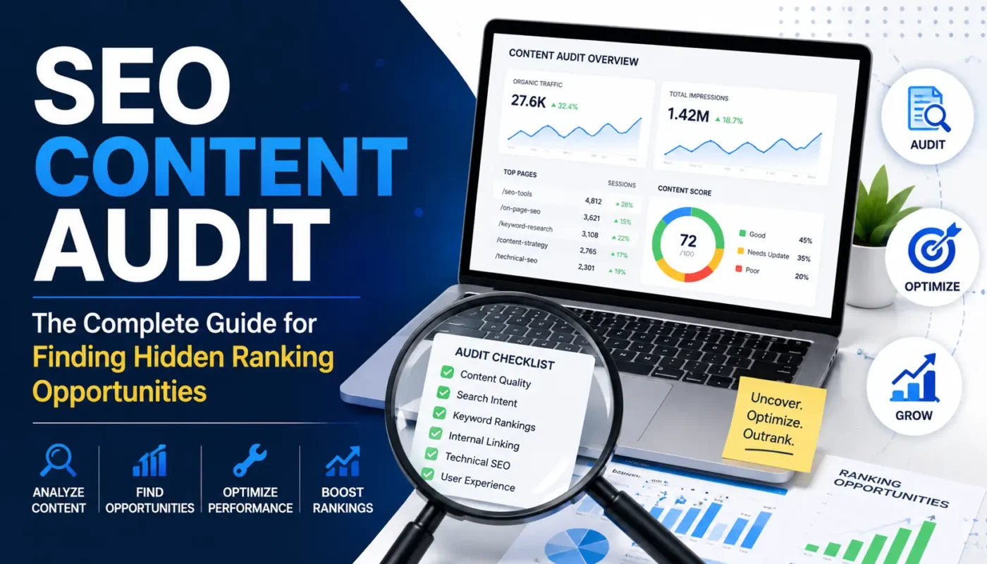SEO content audit guide featured image showing a laptop with website analytics, content audit checklist, ranking reports, and a magnifying glass identifying hidden SEO opportunities to improve organic traffic and search rankings.