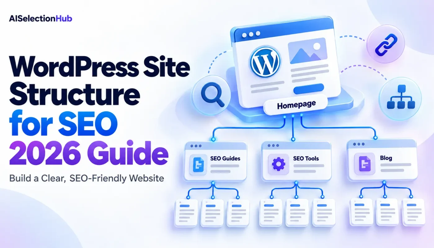 WordPress site structure for SEO infographic showing a homepage connected to SEO Guides, SEO Tools, Blog, and supporting articles through an organized website hierarchy.