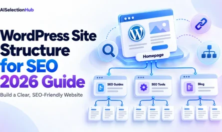 WordPress site structure for SEO infographic showing a homepage connected to SEO Guides, SEO Tools, Blog, and supporting articles through an organized website hierarchy.